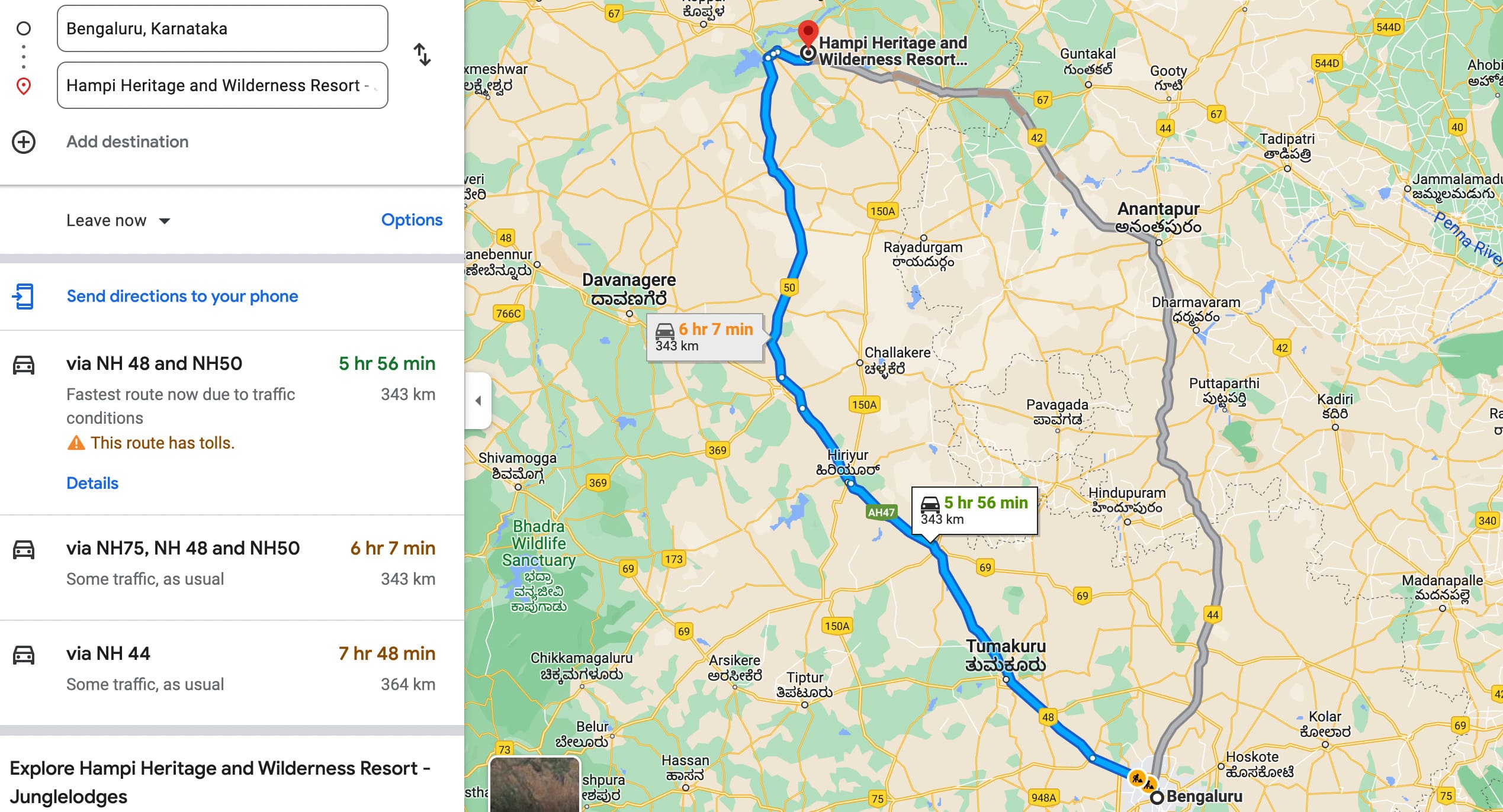 Route Map to Hampi from bangalore